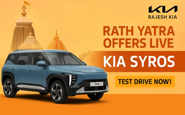 KIA Syros SUV in soft blue color showcased beside Lord Jagannath Temple and Rath Yatra chariots, with bold text promoting “Rath Yatra Offers Live – Test Drive Now” by Rajesh KIA.