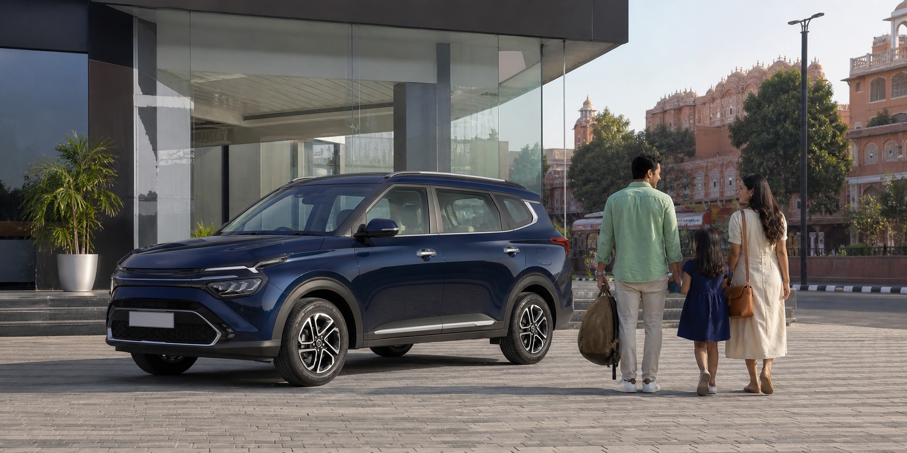 Kia Carens family vs city use Jaipur hero image showing the MPV in Jaipur for buyers comparing daily city comfort with full family practicality before booking.
