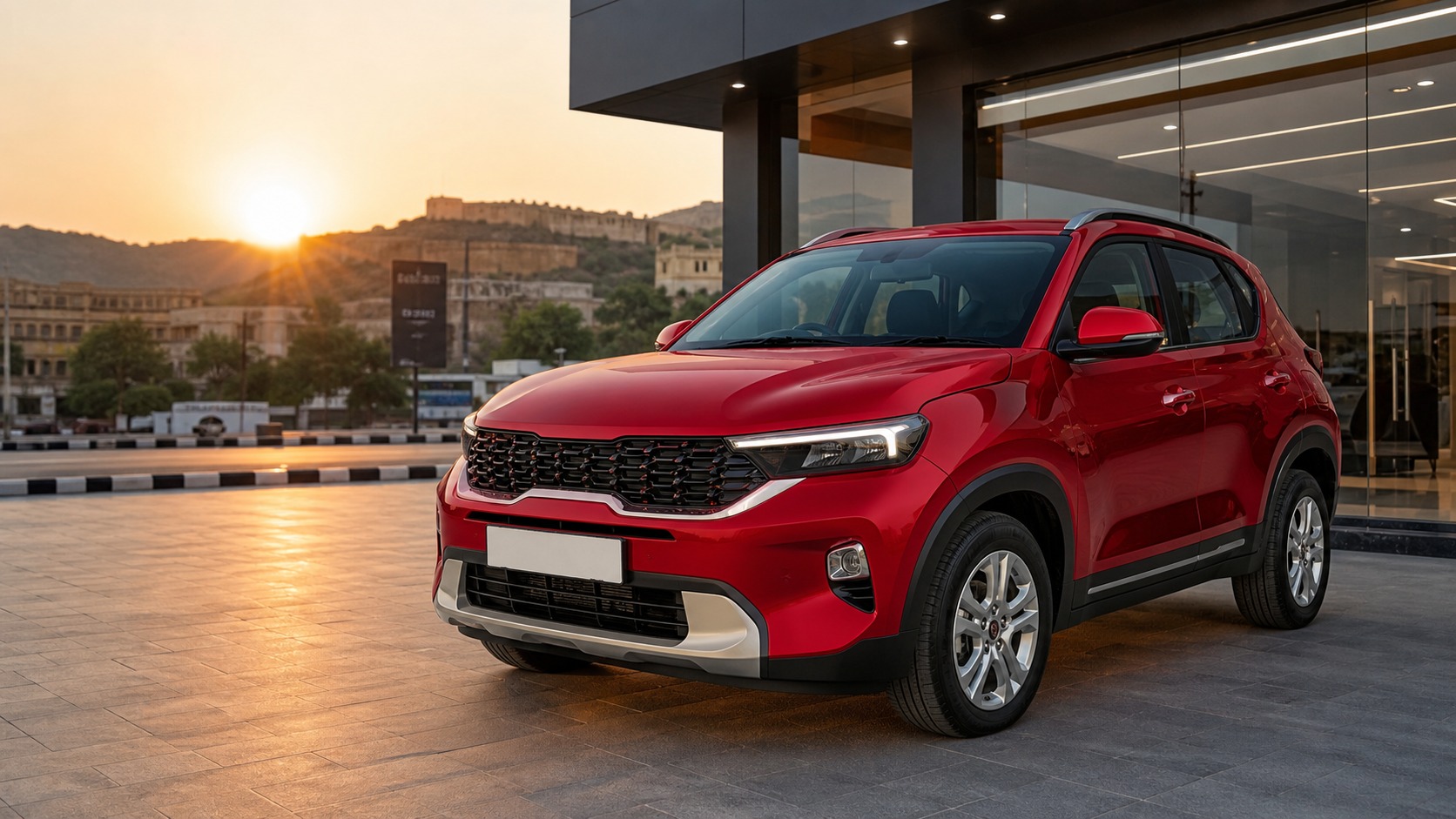Best Kia Sonet automatic variant Bharatpur hero image showing a red compact SUV outside a Rajasthan dealership for buyers comparing automatic trims before booking.