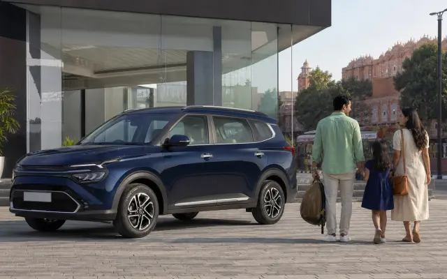 Best Kia Carens variant Bharatpur hero image showing a premium family MPV outside a Rajasthan dealership for buyers comparing variant value and booking budget.