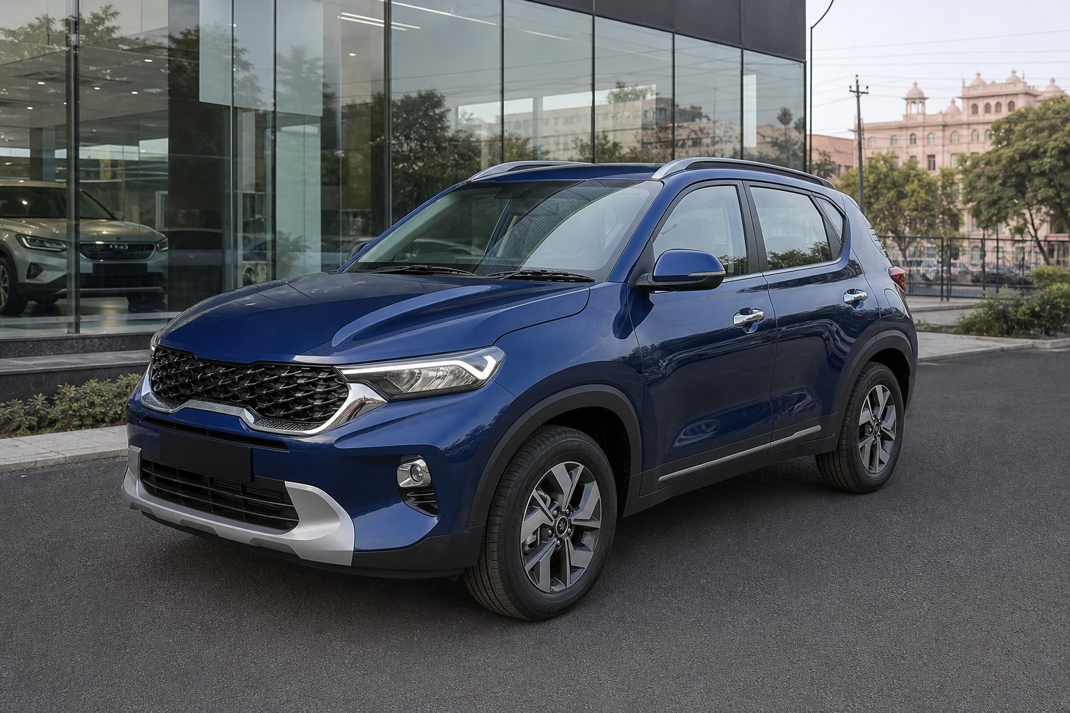 Kia Sonet finance Jaipur hero image showing the compact SUV outside a Jaipur dealership for buyers planning down payment and EMI.