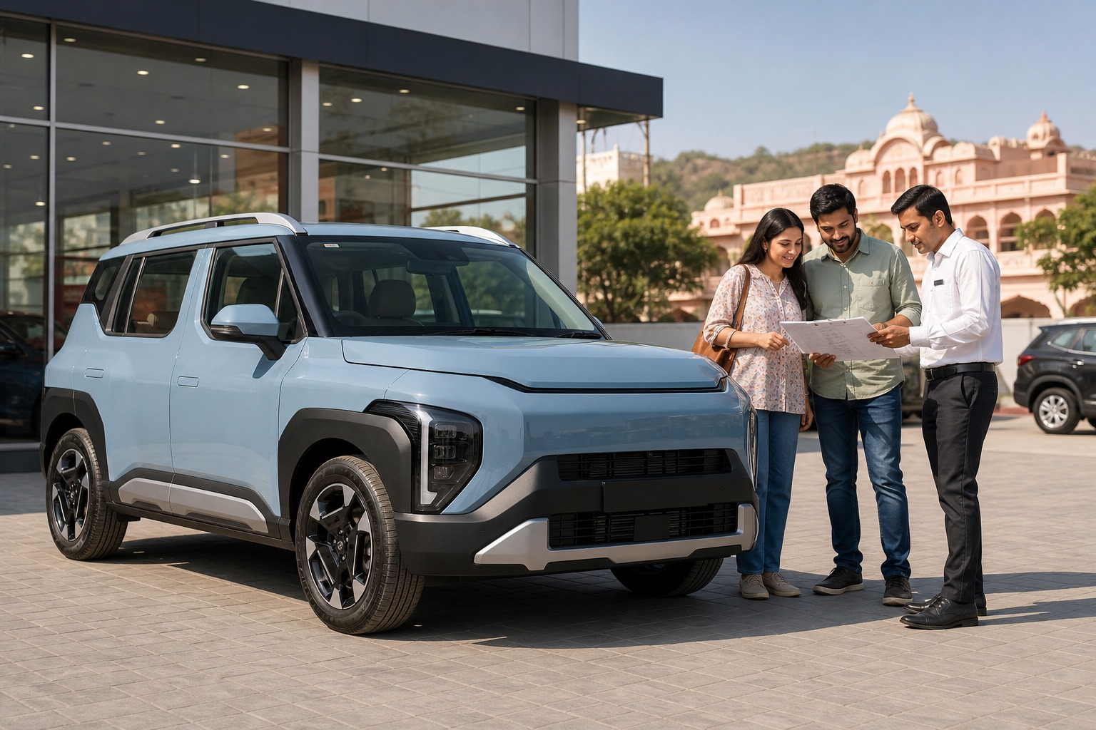 Kia Syros petrol vs diesel Jaipur hero showing a blue SUV while buyers compare powertrain choices with an advisor at a Jaipur dealership.
