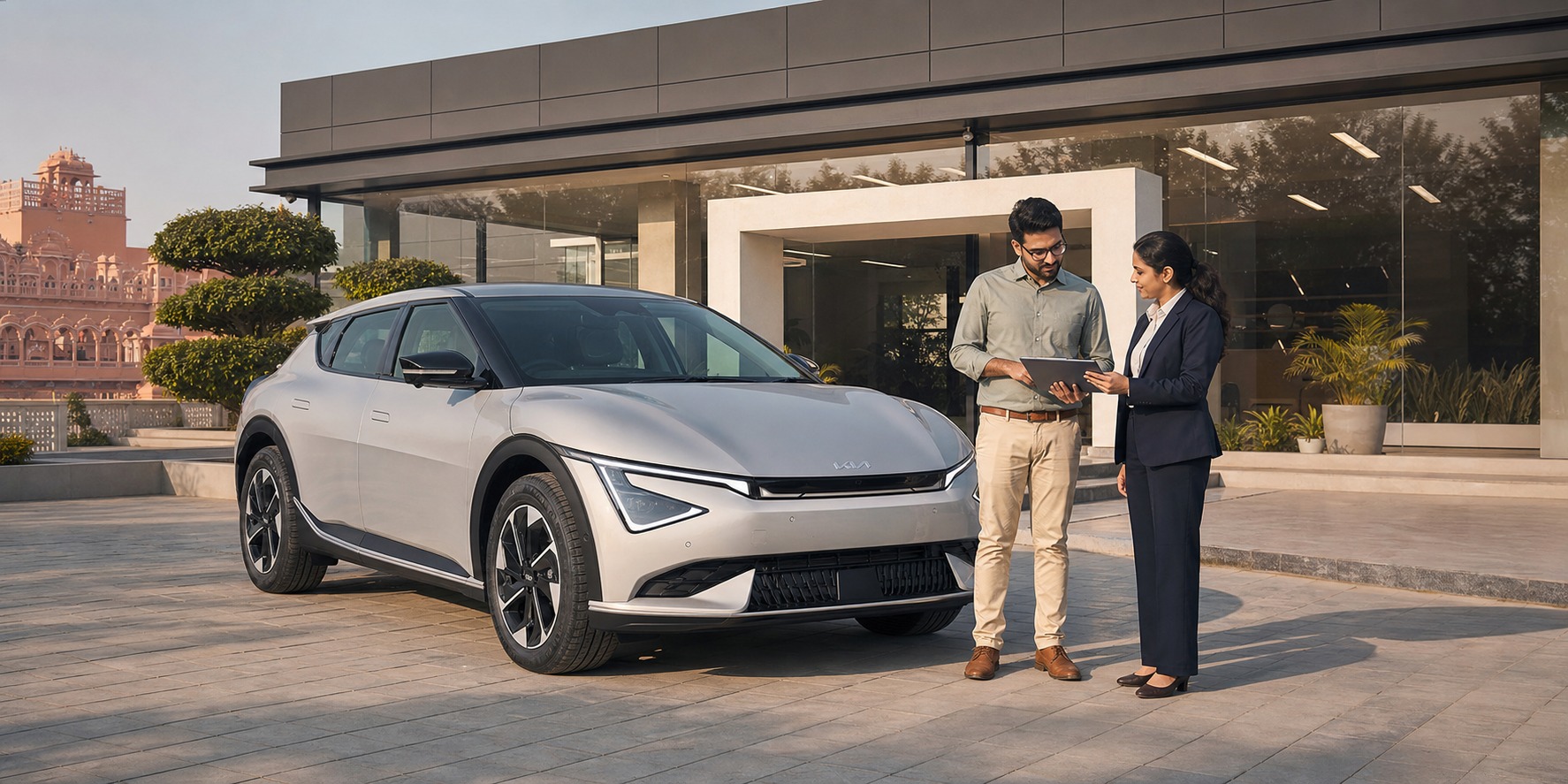 Kia EV6 EMI Jaipur hero showing a premium electric crossover with a buyer reviewing finance paperwork at a Jaipur dealership.