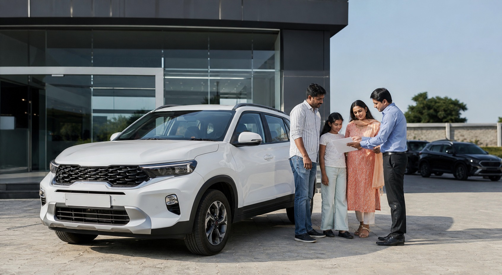 Kia Sonet offers Dausa hero with a family reviewing a current quote beside a white compact SUV at a Rajasthan dealership.