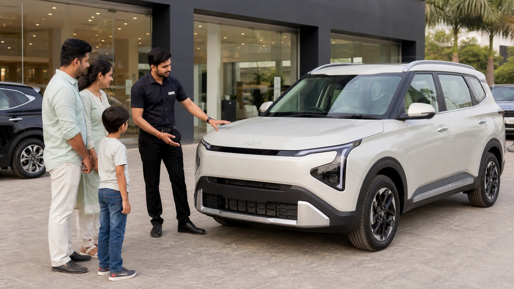 Kia Carens Clavis test drive Jaipur hero with a family inspecting a white MPV at a dealership before a current quote.