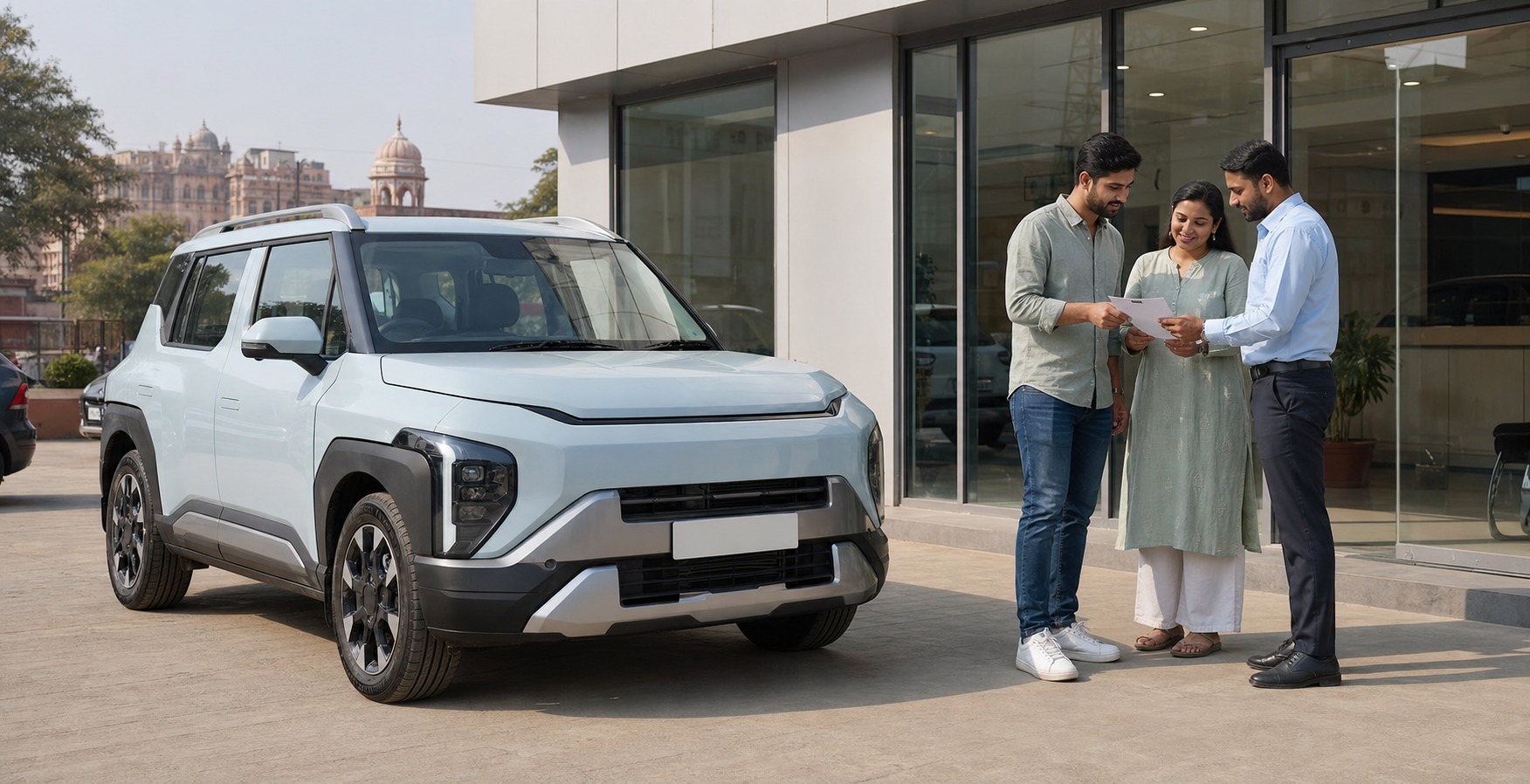 Kia Syros quote Jaipur hero with buyers reviewing a current quotation beside a white SUV at a Jaipur dealership.