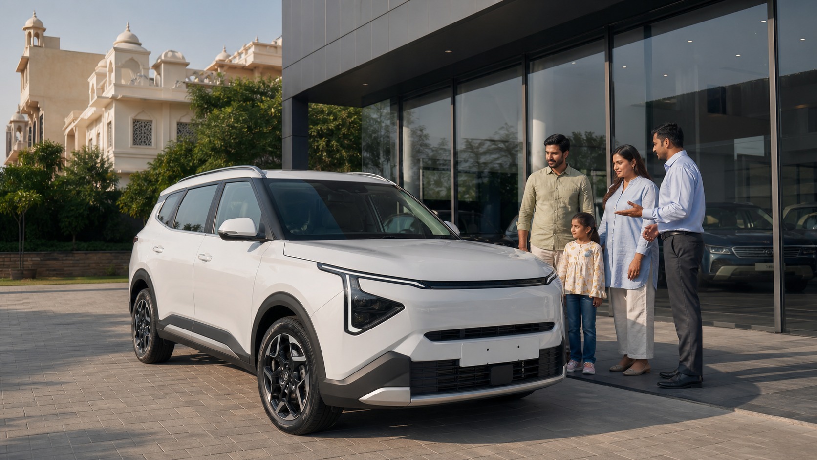 Kia Carens Clavis EV test drive Jaipur hero with family inspecting a white electric MPV at a dealership before current quote.