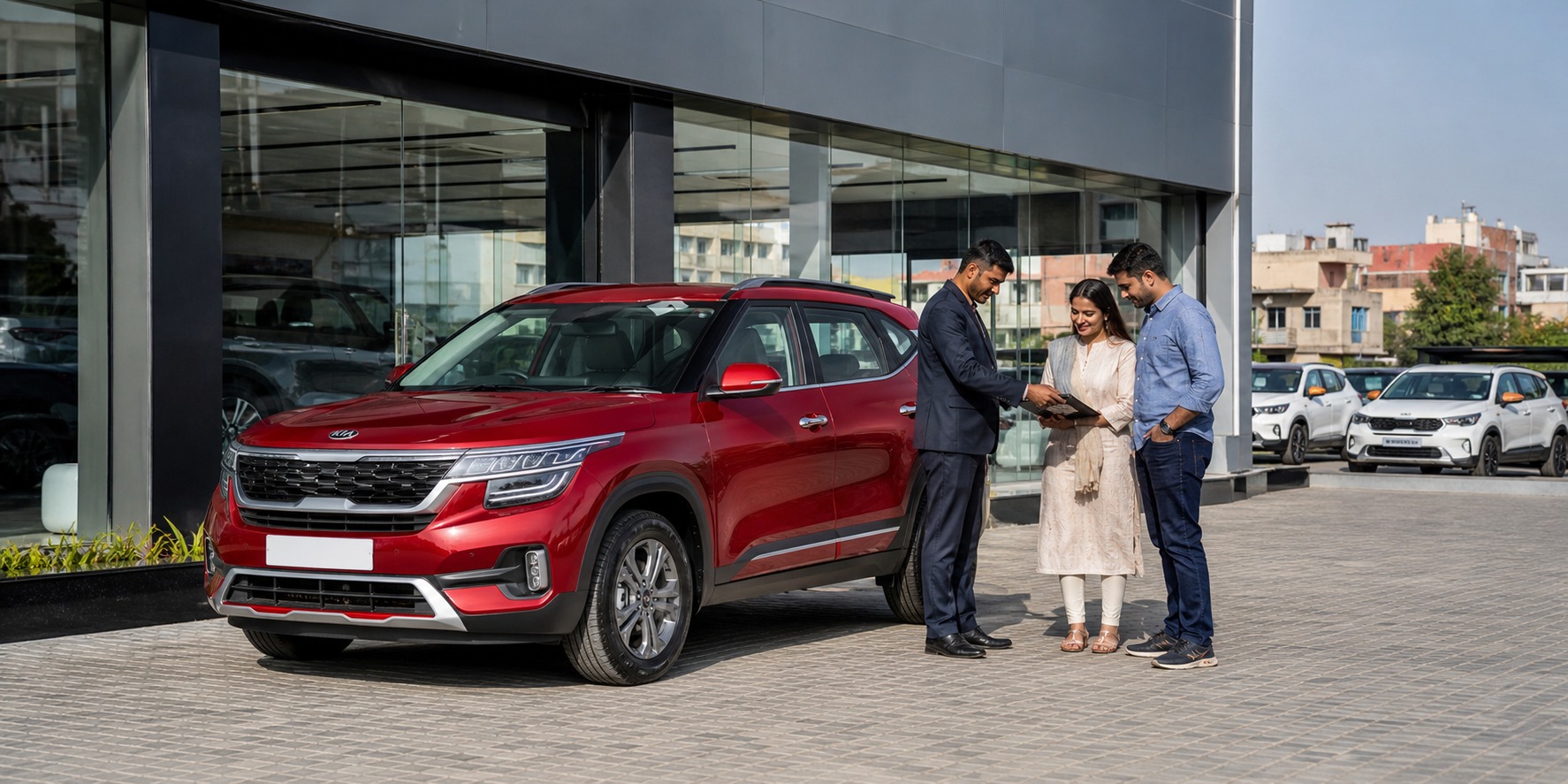 Kia Seltos test drive Jaipur hero with family checking a red SUV at Rajesh KIA before requesting a current quote.