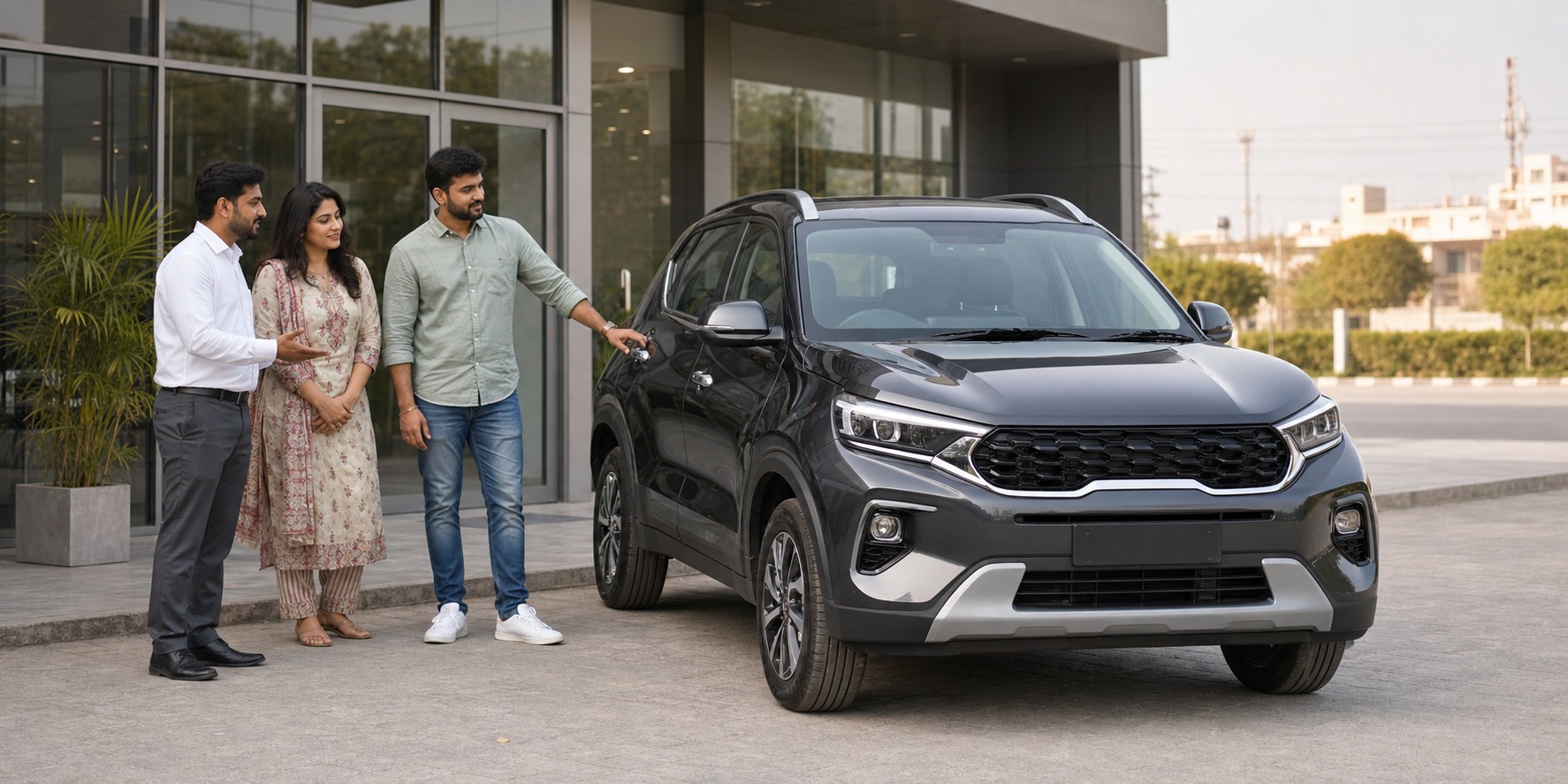 Kia Sonet diesel Jaipur hero with buyers inspecting a compact SUV at a dealership before requesting a current quote.