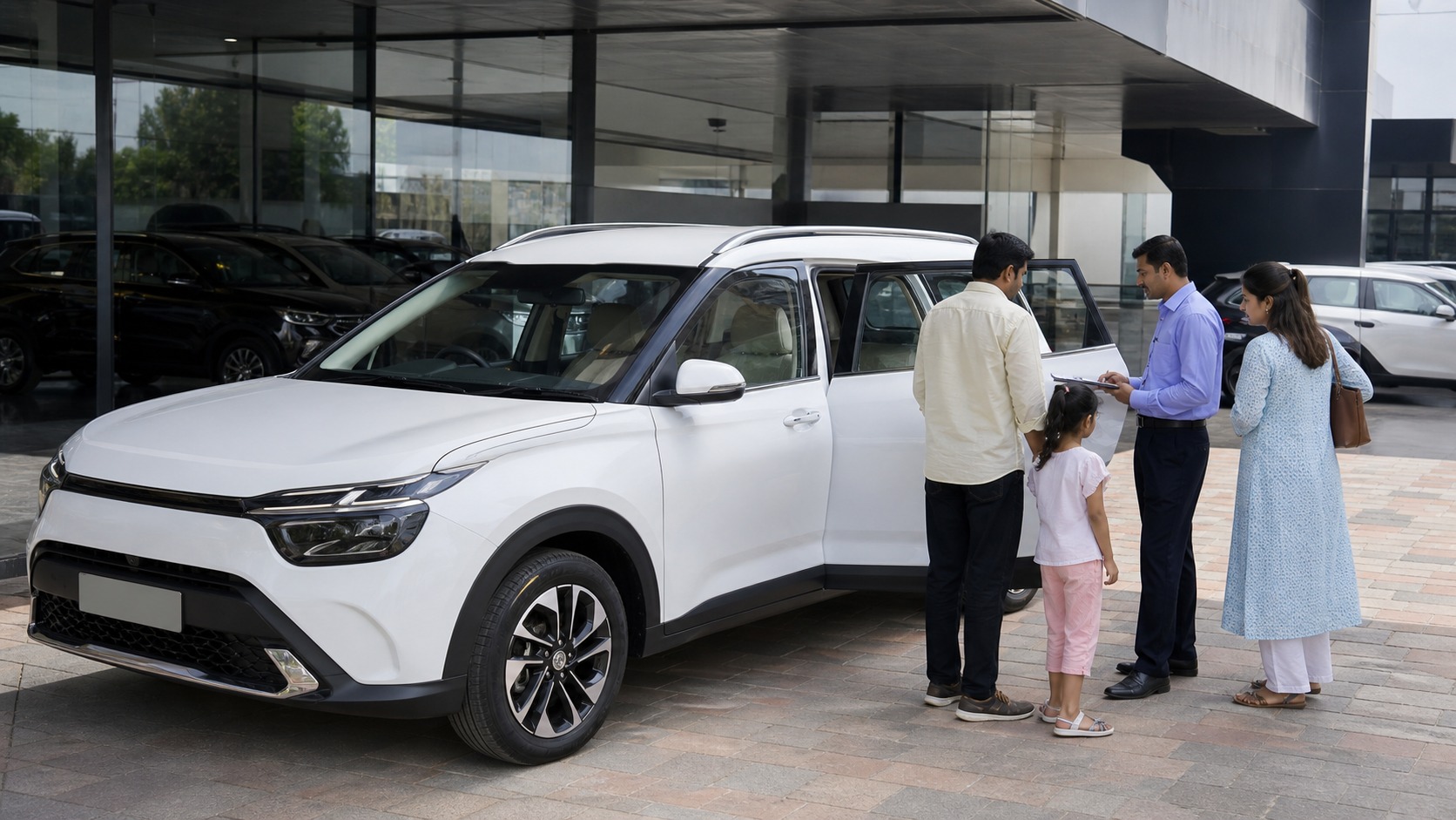 Kia Carens diesel on road price Jaipur hero with family reviewing a current quote beside a white MPV at a dealership.