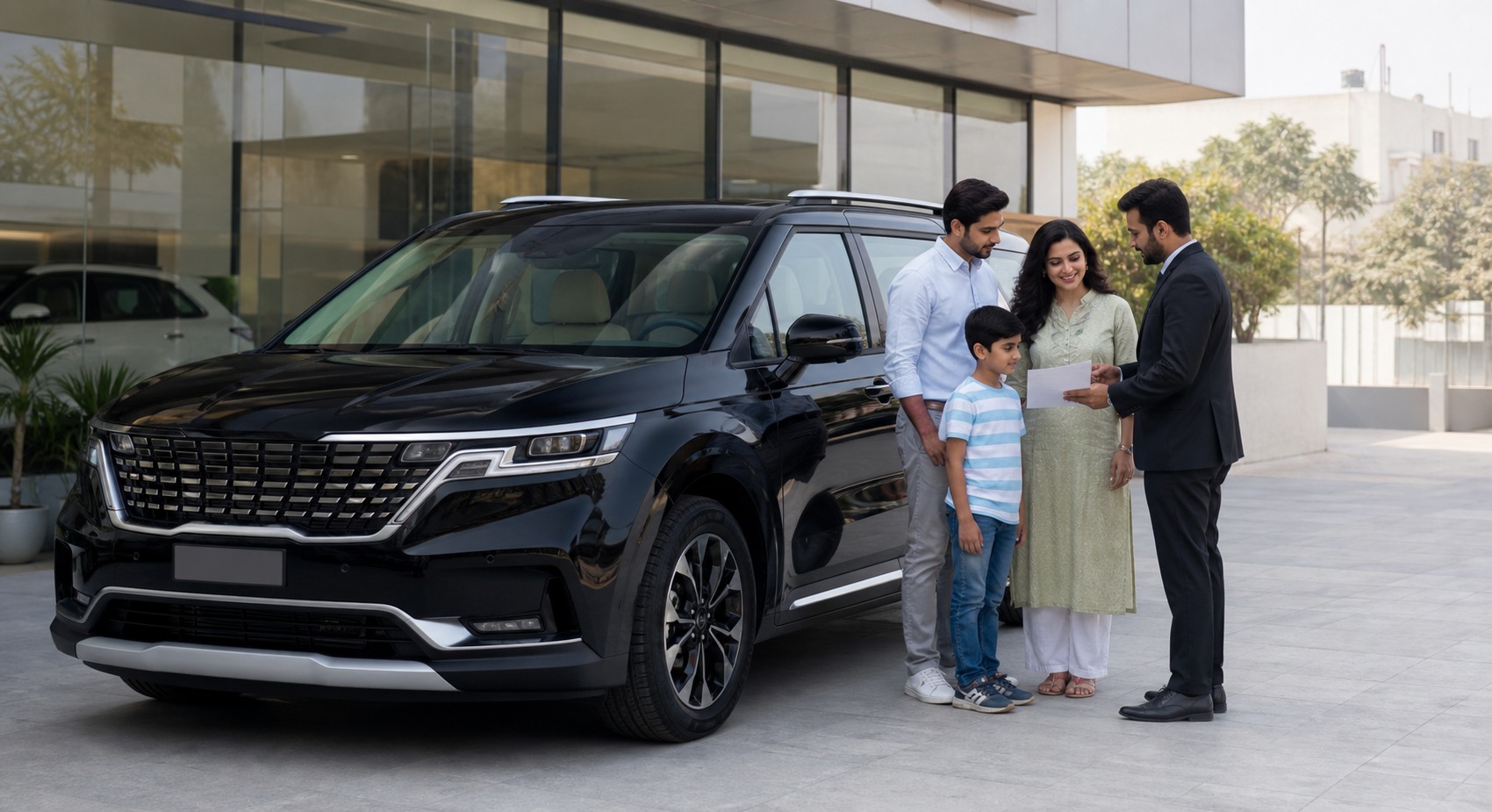 Kia Carnival family vs city use Jaipur hero showing a premium MPV with family reviewing a current quote at a dealership.