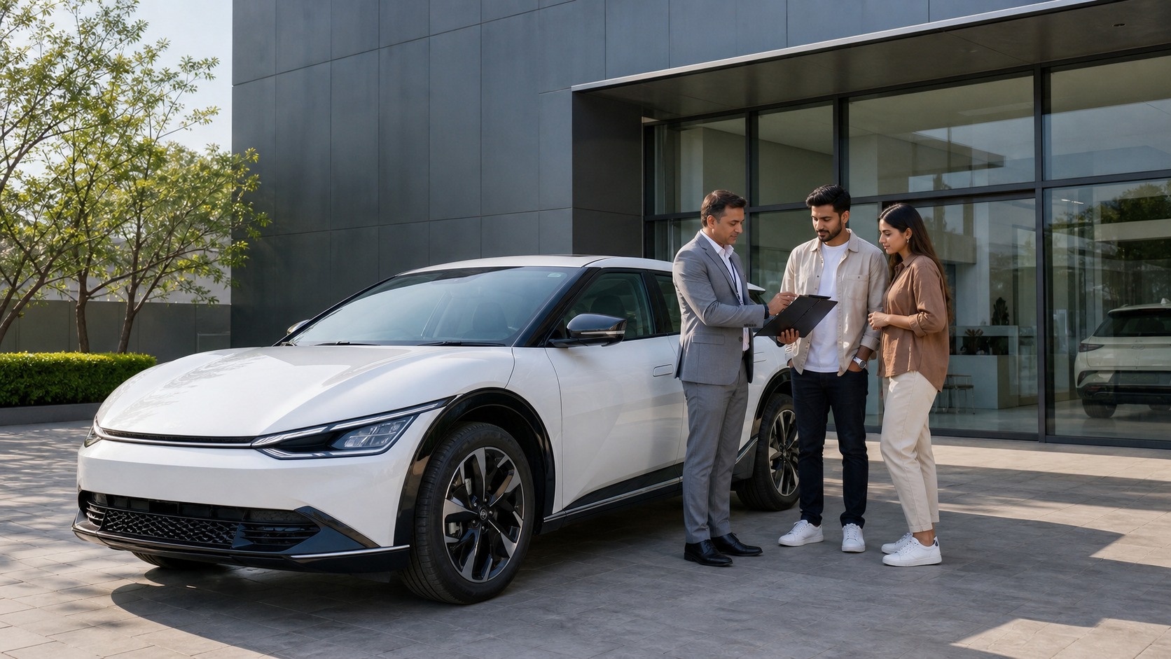 Kia EV6 dealer Jaipur hero with buyers reviewing paperwork beside a white electric crossover at a modern showroom.