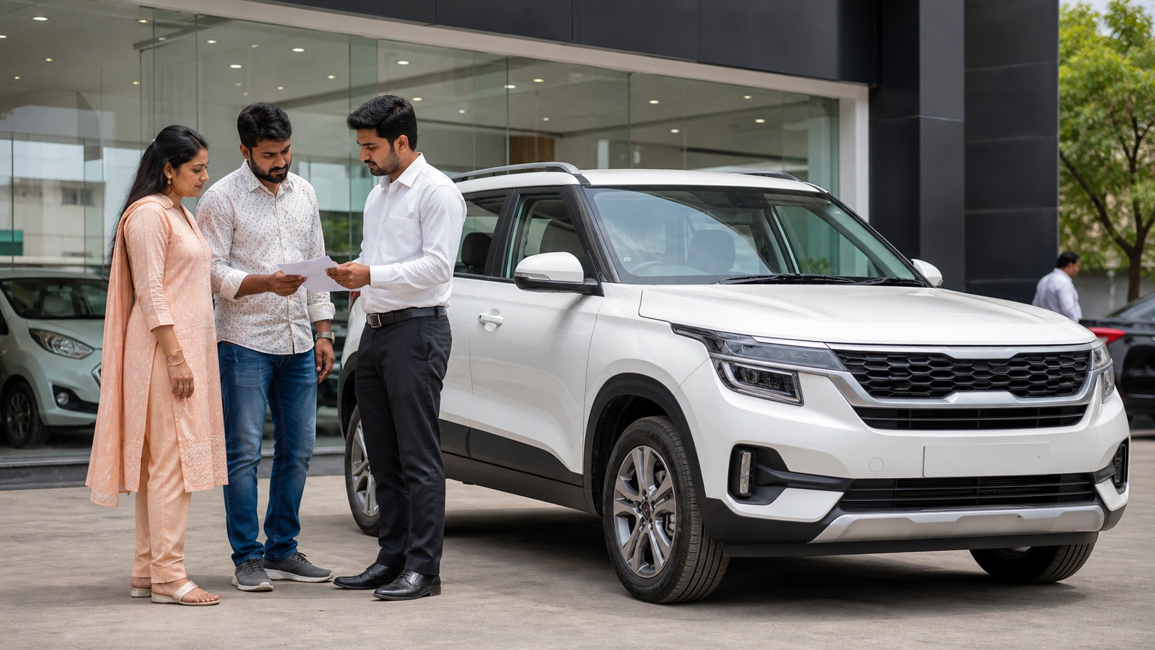 Kia Seltos automatic price Bharatpur hero with buyers reviewing a current quote beside a white compact SUV at a dealership.