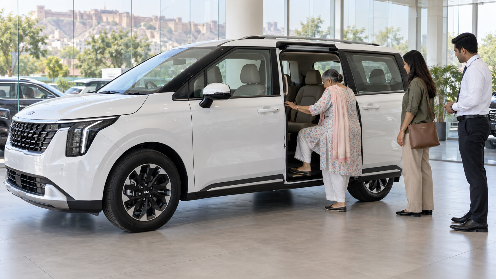 Kia Carnival buying guide Jaipur family checking senior passenger entry and second-row comfort at Rajesh KIA DCM