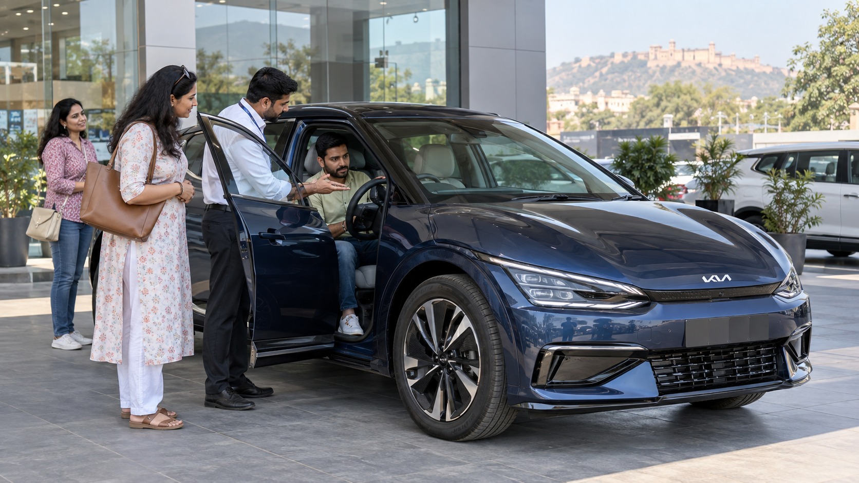 Kia EV6 first EV test drive Jaipur family evaluating shared-driver controls and passenger comfort at Rajesh KIA DCM